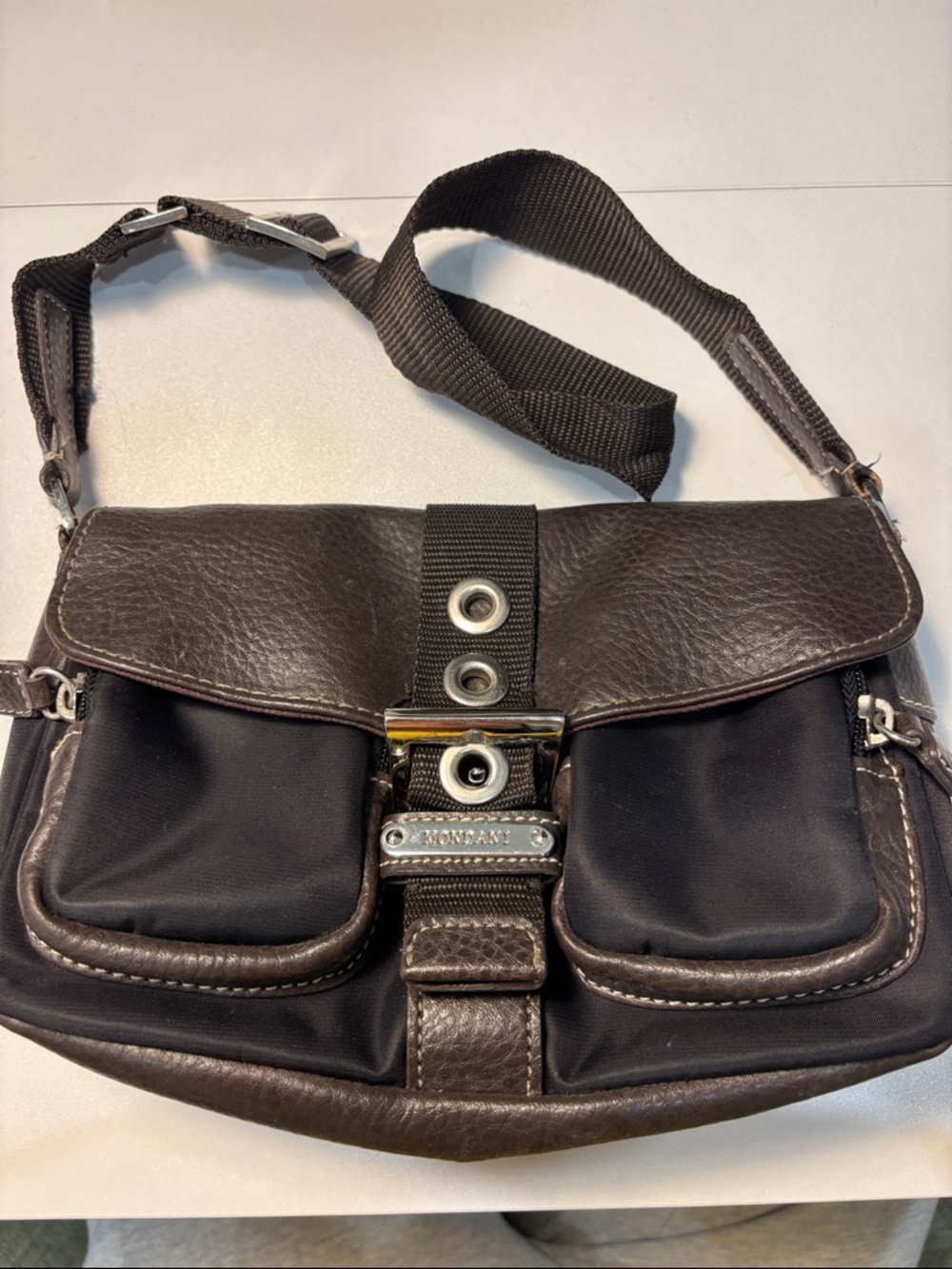 Mondani Dark Brown Leather-Trim Messenger Bag